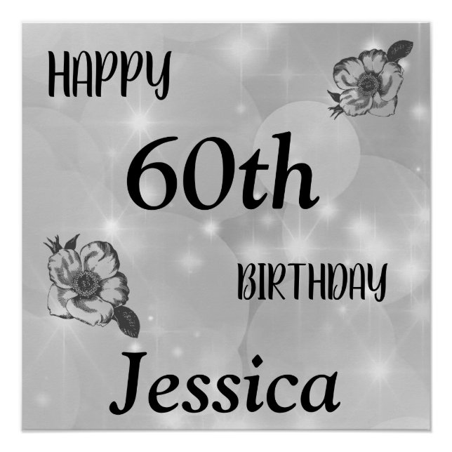 Silver grey sparkle Happy 60th Birthday Poster (Front)