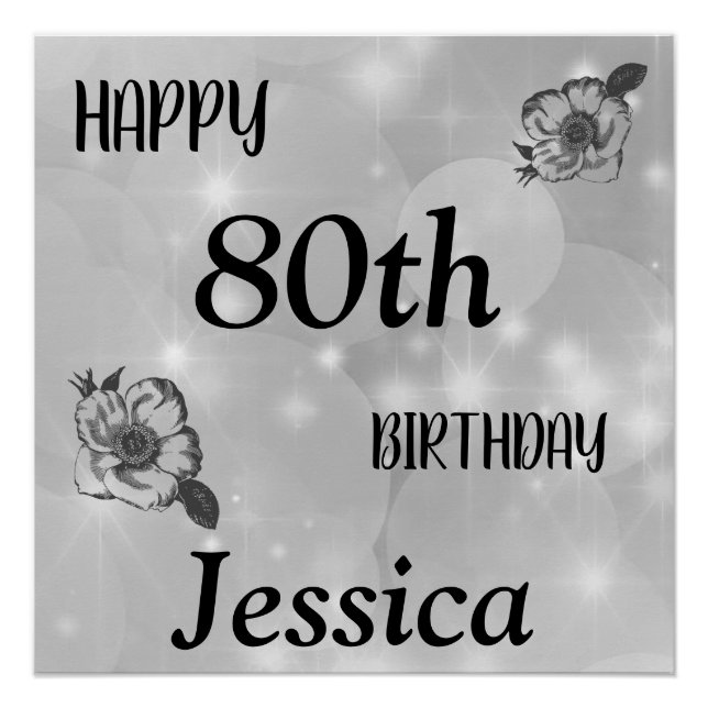 Silver grey sparkle Happy 80th Birthday Poster (Front)