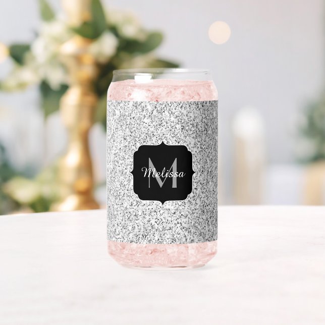 Silver grey sparkles girly bling Custom Monogram Can Glass (Insitu (Wedding))