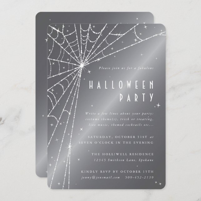 Silver-Grey Sparkling Spider Web Halloween Party Invitation (Front/Back)