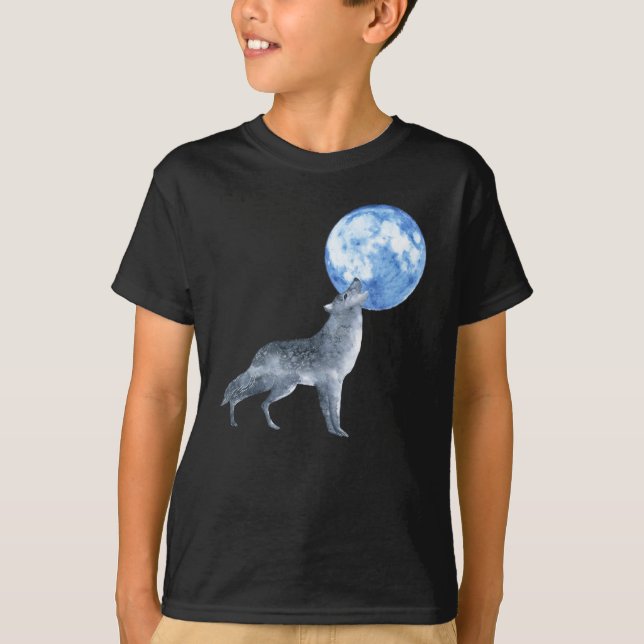 Silver Grey Spirit Wolf Howling at Blue Moon T-Shirt (Front)