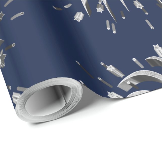 Silver Grey Stars Fireworks Elegant Blue Christmas Wrapping Paper (Roll Corner)