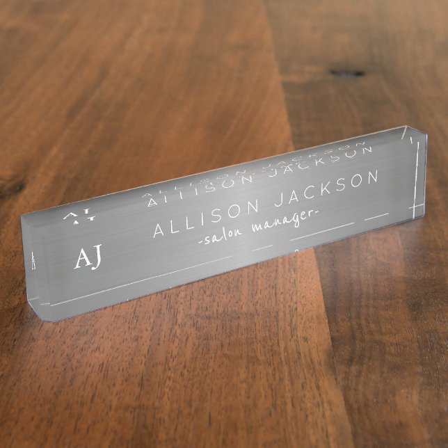 Silver grey steel metallic business name monogram nameplate (Side)