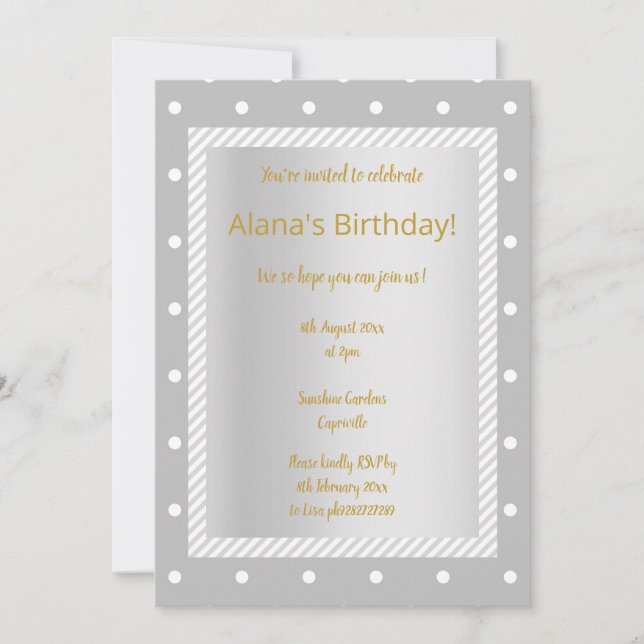 Silver Grey stripe spot elegant party invitations (Front)