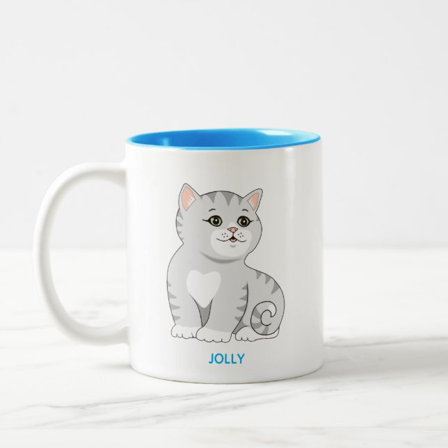 Silver Grey Tabby Kitty Cat & Personalised Text Tw Two-Tone Coffee Mug (Left)