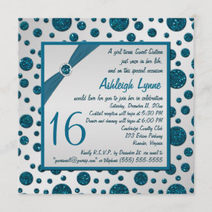 Silver Grey, Teal FAUX Glitter Polka Dot Sweet 16 Invitation