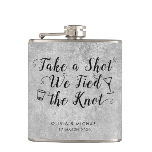 Silver Grey Tied the Knot Take Shot Wedding Favour Hip Flask