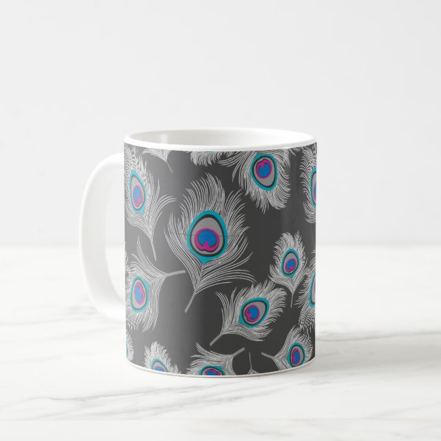 Silver Grey & Turquoise Peacock Feather Coffee Mug (Front Left)