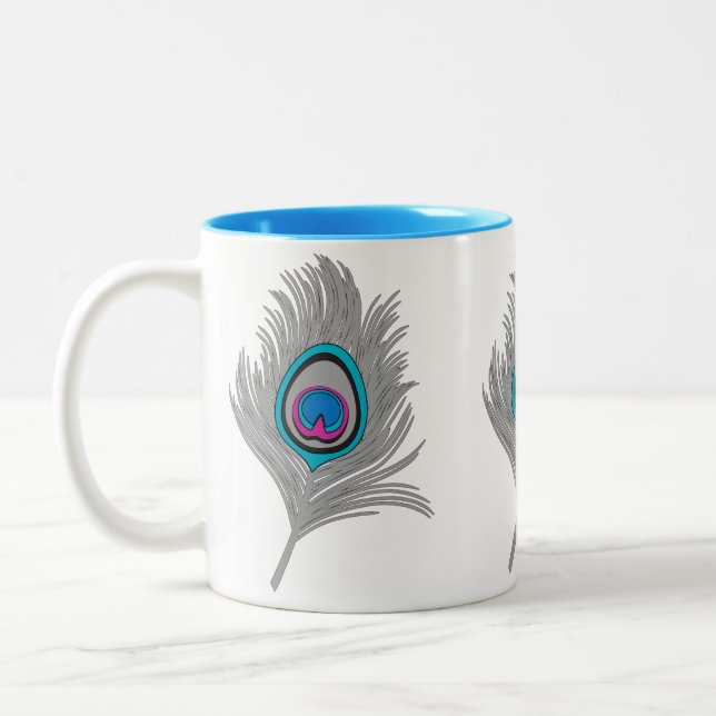 Silver Grey & Turquoise Peacock Feather Two-Tone Coffee Mug (Left)