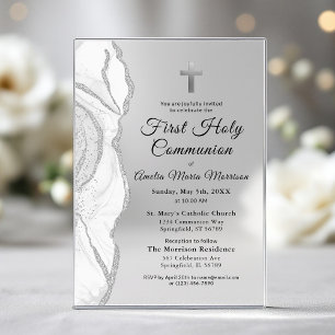 Silver Grey White Agate First Holy Communion Girl Acrylic Invitations