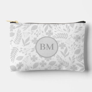 Silver Grey & White Boho Leaves Monogram Accessory Pouch