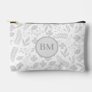 Silver Grey & White Boho Leaves Monogram  Accessory Pouch