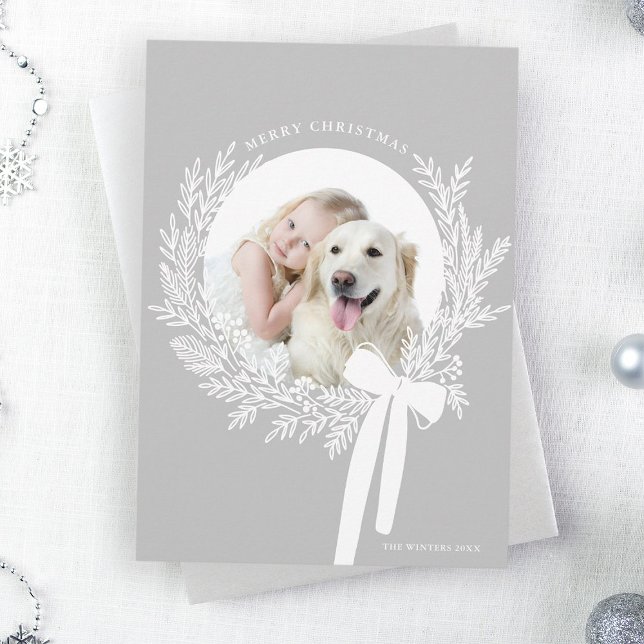 Silver Grey & White Christmas Wreath Minimal Photo Holiday Card (Creator Uploaded)
