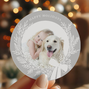 Silver Grey & White Christmas Wreath Photo Classic Round Sticker