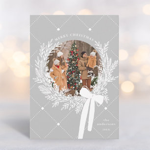 Silver Grey & White Christmas Wreath Photo  Holiday Card