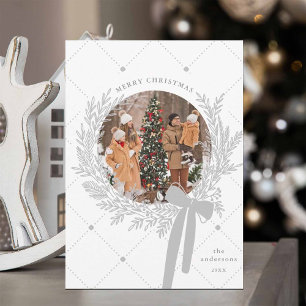 Silver Grey & White Christmas Wreath Photo Holiday Card