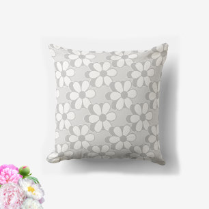 Silver Grey & White Flowers on Light Grey Cushion