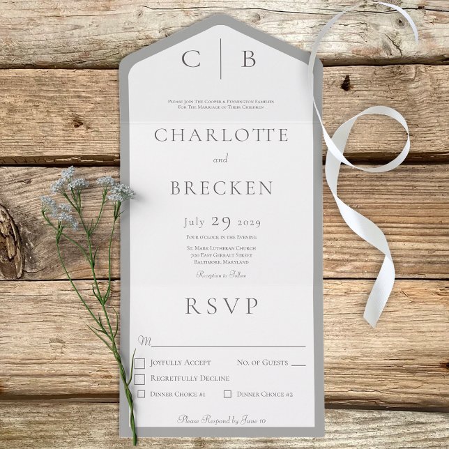 Silver Grey & White Monogram Minimal Dinner All In One Invitation (Creator Uploaded)