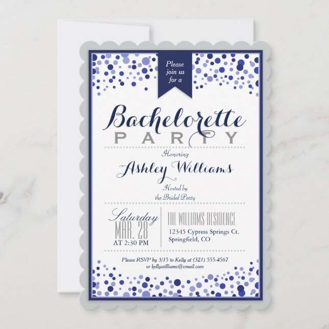 Silver Grey, White, Navy Blue Bachelorette Party Invitation (Front)