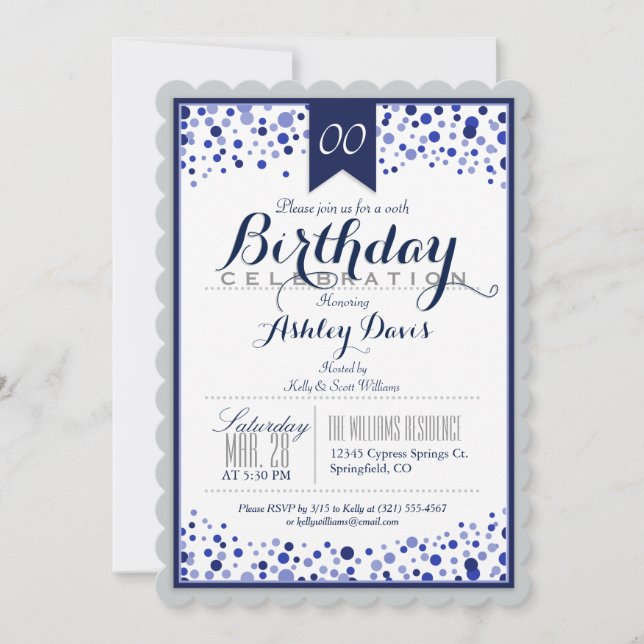 Silver Grey, White, Navy Blue Birthday Party Invitation (Front)