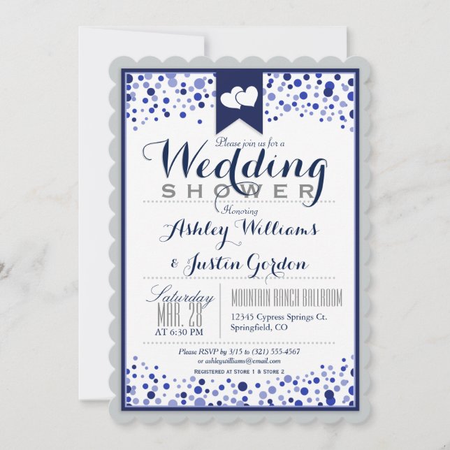 Silver Grey, White, & Navy Blue Wedding Shower Invitation (Front)