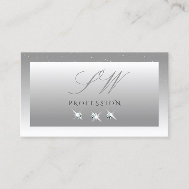 Silver Grey White Ombre Sparkling Jewels Initials Business Card (Front)