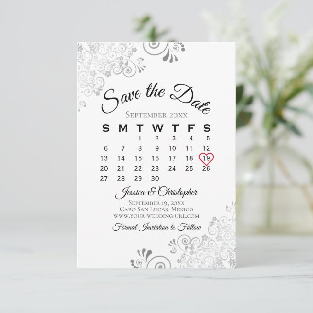 Silver Grey White Simple Elegant Wedding Calendar Save The Date (Standing Front)