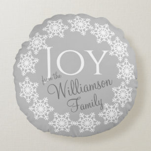 Silver Grey White Snowflake JOY Christmas Family Round Cushion