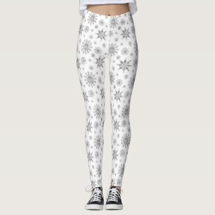 Silver Grey Winter Snowflake Pattern On White Leggings