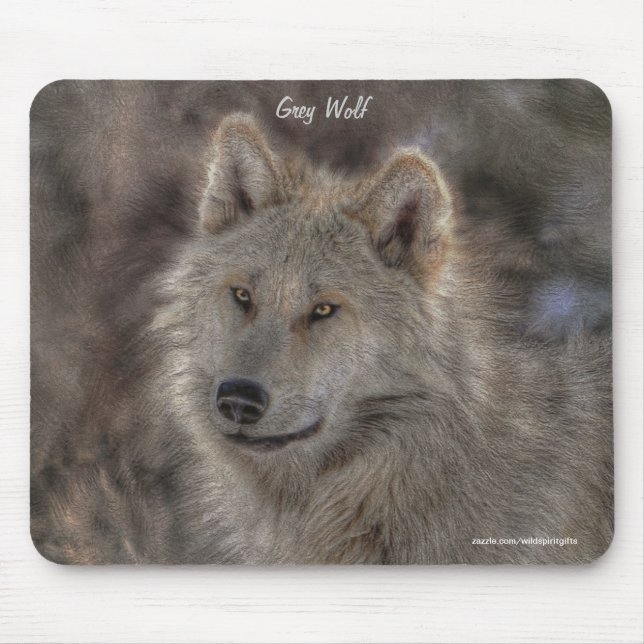 Silver Grey Wolf Wildlife Art Portrait Mouse Mat (Front)