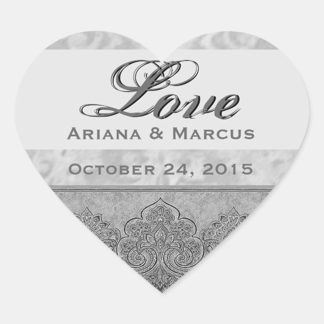 Silver Grunge Wedding Damask and Ribbon V03 Heart Sticker (Front)
