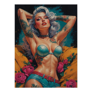 Silver Haired Pin-Up Floral Tattoo Leather Outfit Poster