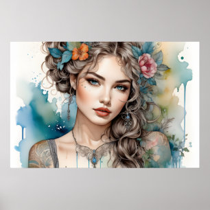 Silver Haired Smoky Eyed Glamourous Woman Poster