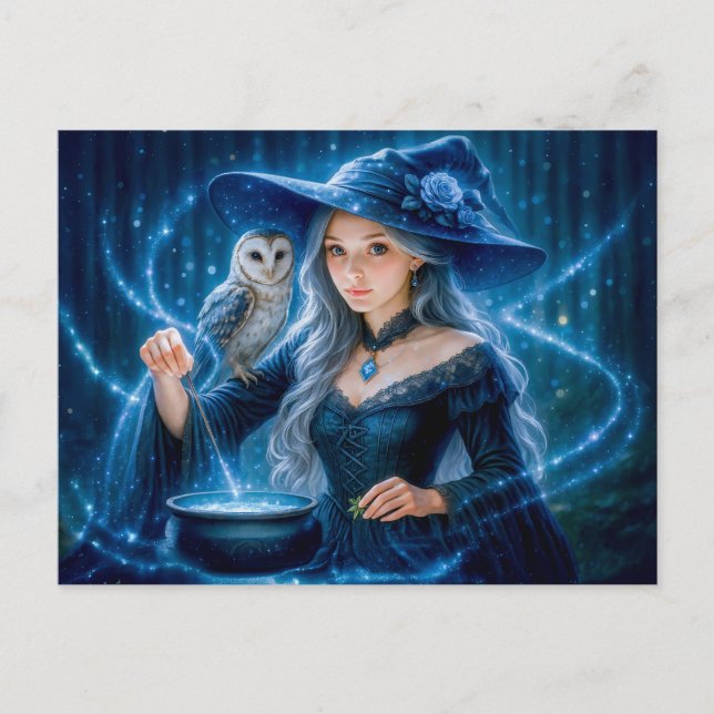 Silver haired witch with owl and cauldron holiday postcard (Front)