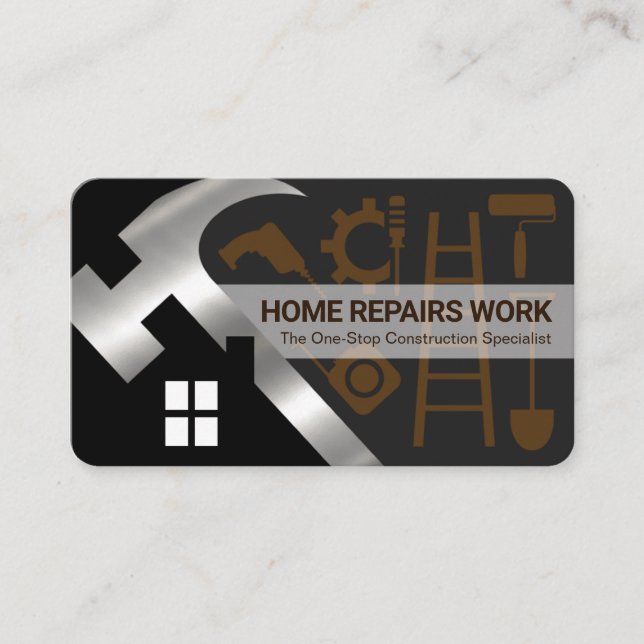 Silver Hammer Home Silhouette Handyman Tools Business Card (Front)