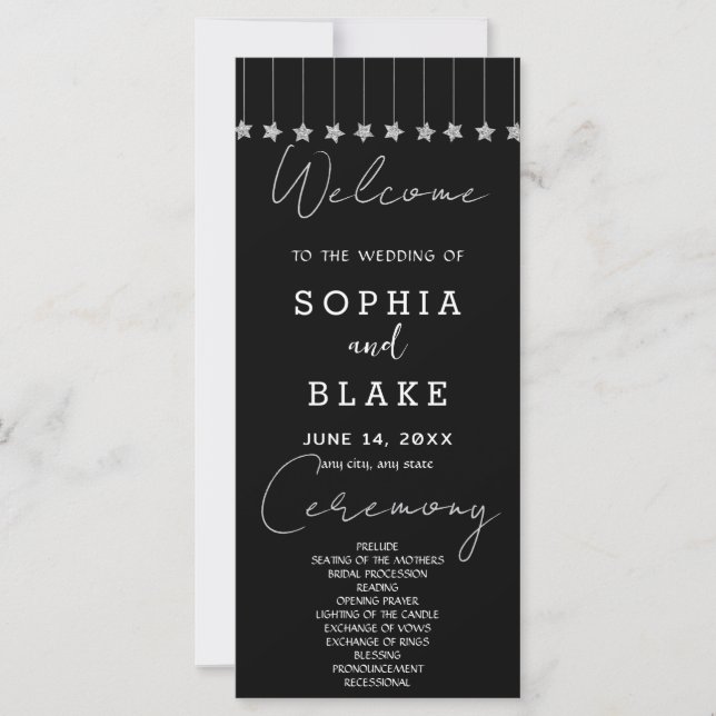 Silver Hanging Stars Black Wedding Program (Front)