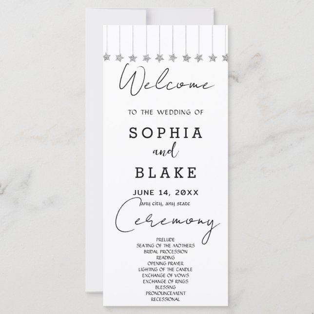Silver Hanging Stars White Wedding Program (Front)
