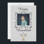 Silver Hanukkah Photo Holiday Card<br><div class="desc">Spread joy this Hanukkah using this silver photo greeting card.  Featuring "Happy Hanukkah" written around a lovely picture,  insert your photo in the middle.  Order yours today!

Menorah:  Sonya DeHart Design 
http://www.sonyadehartdesign.com |
http://www.sonyadehartdesign.etsy.com</div>