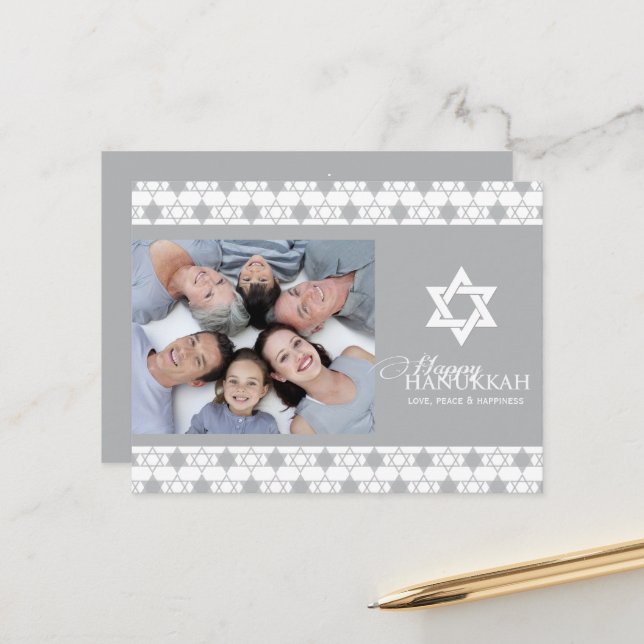 Silver Hanukkah Star Of David Pattern Modern Photo Holiday Postcard (Front/Back In Situ)