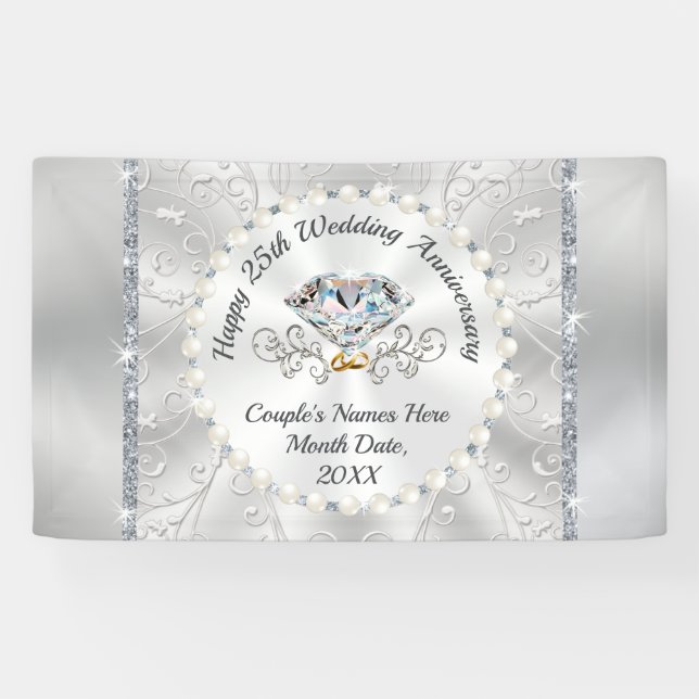 Silver Happy 25th Wedding Anniversary Banners (Horizontal)