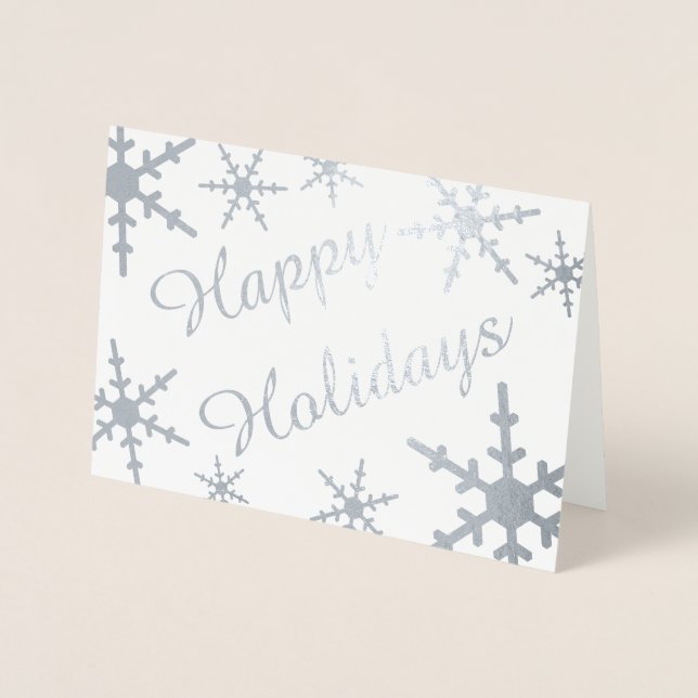 Silver Happy Holidays Script Snowflakes Foil Card (Front)