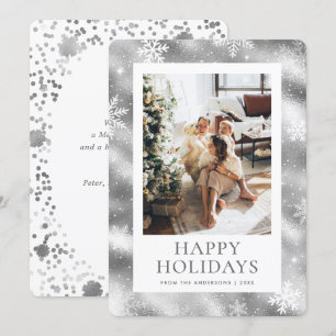 Silver Happy Holidays Snowflake Snow Photo Holiday Card