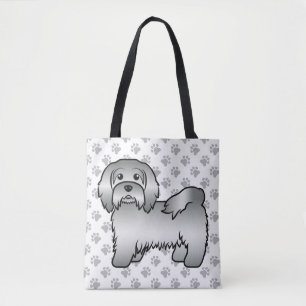 Silver Havanese Cartoon Dog Illustration & Paws Tote Bag