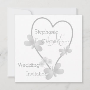 Silver Heart And Butterflies Monogrammed Wedding Invitation
