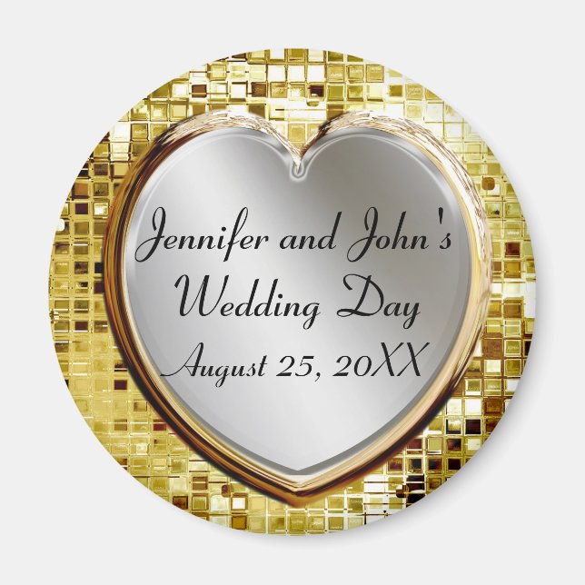 Silver Heart And Gold Sequins Wedding Magnet (Front)