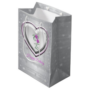 Silver Heart And Purple Flowers Medium Gift Bag