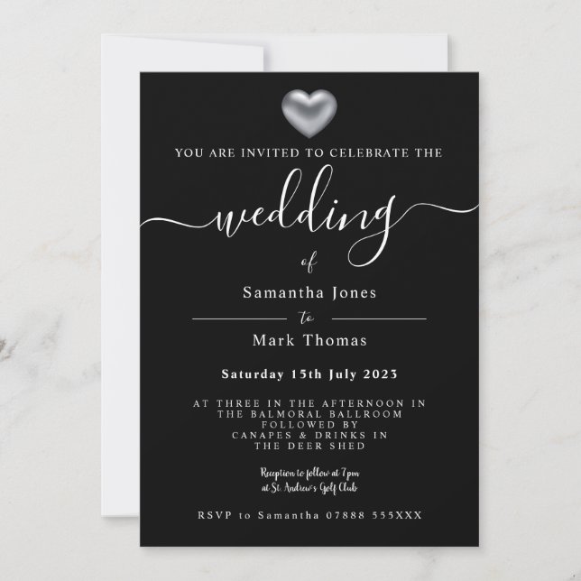 Silver Heart Black Wedding  Invitation (Front)
