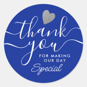 Silver Heart Blue And White Thank You Favour Classic Round Sticker
