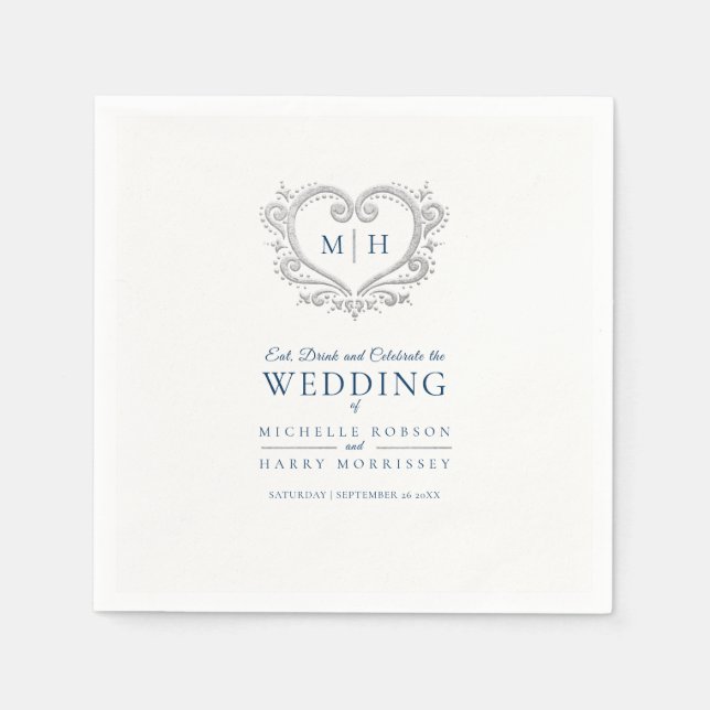 Silver heart blue wreath monogram wedding napkins (Front)