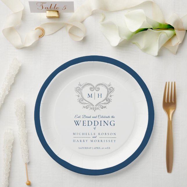 Silver heart blue wreath monogram wedding  paper plate (Wedding)